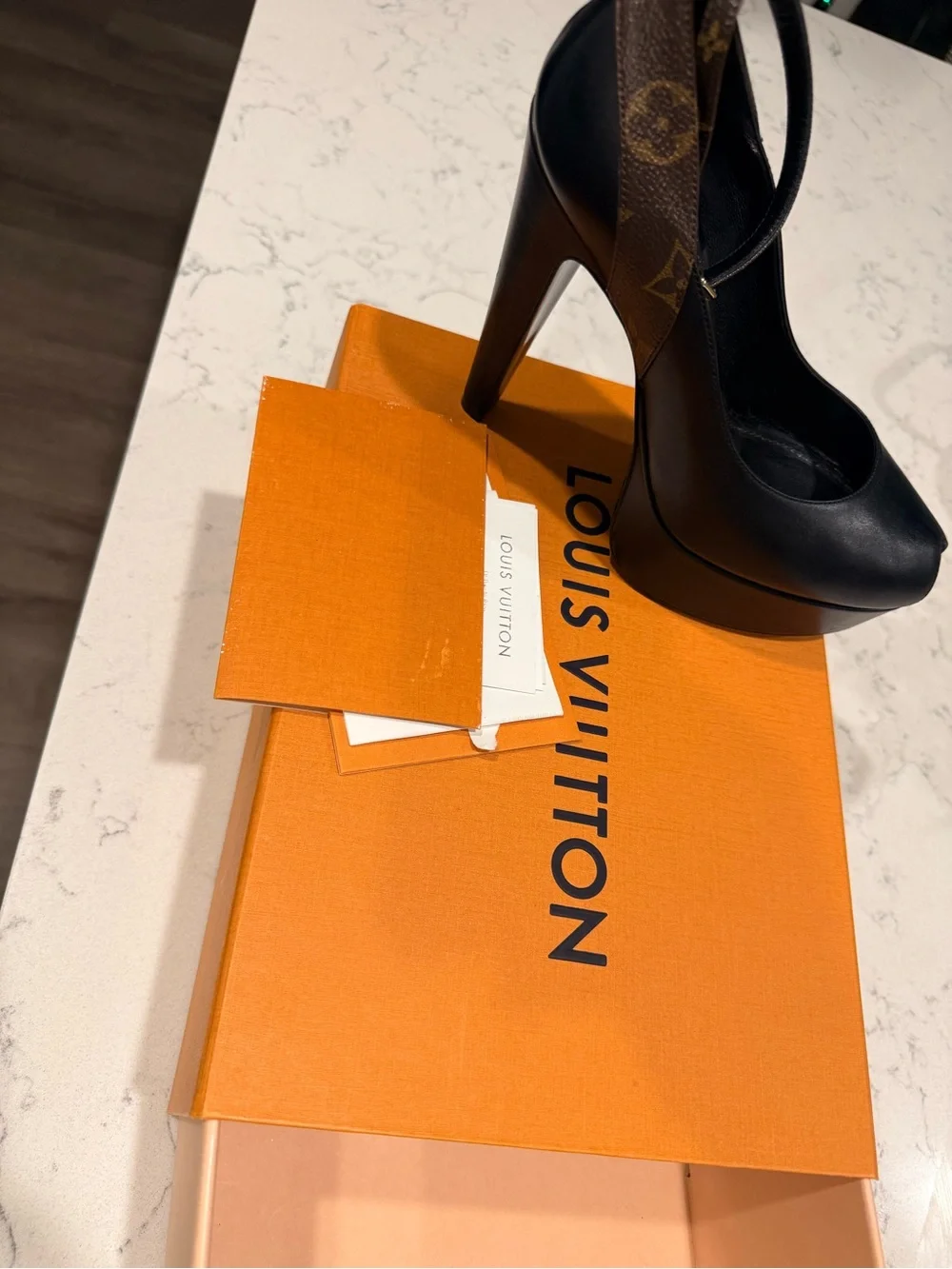Louis Vuitton Black Leather Platform Pumps with Monogram Accent